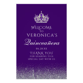 パープルアンドシルバーグリッターキンセアニェラウェルカムサイン ポスター