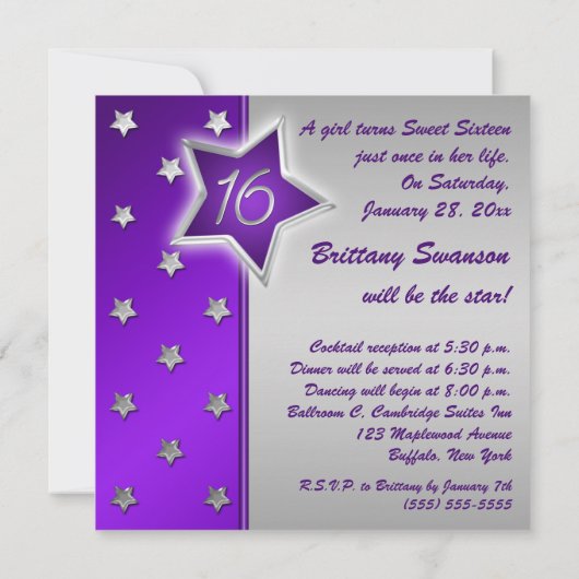 パープルアンドシルバースターズスイート16招待状 招待状 (裏面)