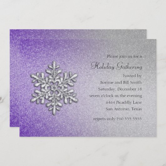 パープルアンドシルバースノーフレークホリデーパーティー 招待状 (正面/裏面)