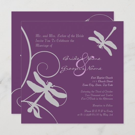 パープルアンドシルバートンボ結婚式招待状 招待状 (正面/裏面)