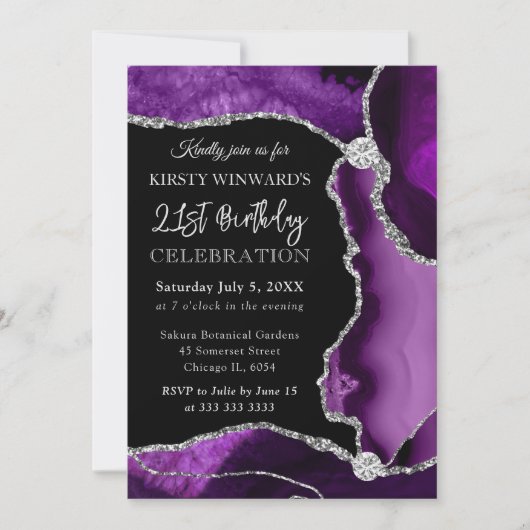 パープルアンドシルバーフェイクグリッターアゲート誕生日 招待状 (正面)