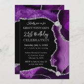 パープルアンドシルバーフェイクグリッターアゲート誕生日 招待状 (正面/裏面)