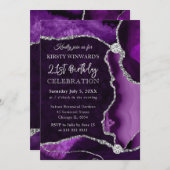 パープルアンドシルバーフェイクグリッターアゲート誕生日 招待状 (正面/裏面)