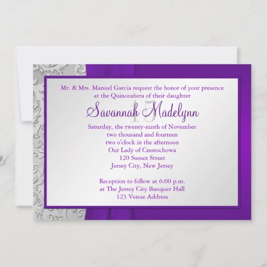 パープルアンドシルバーフォトキンセアニェラ招待状 招待状 (裏面)