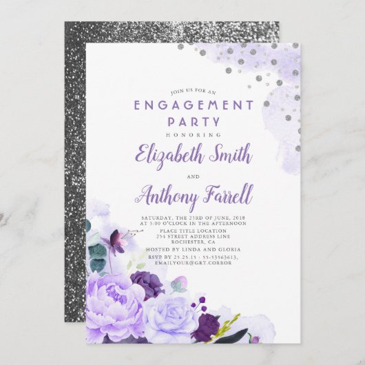 パープルアンドシルバーフローラロマンチック婚約パーティ 招待状 (正面/裏面)
