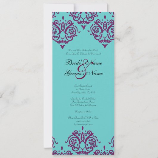 パープルアンドティール（緑がかった色）ダマスクウエディング招待状 招待状 (正面)