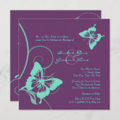 パープルアンドティール(緑がかった色)バタフライ結婚式招待状 招待状 (正面/裏面)