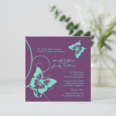パープルアンドティール(緑がかった色)バタフライ結婚式招待状 招待状 (スタンド正面)