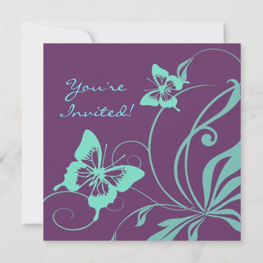 パープルアンドティール（緑がかった色）バタフライ結婚式招待状 招待状 (裏面)