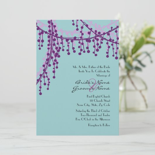パープルアンドティール(緑がかった色)ビーズ結婚式招待状 招待状 (スタンド正面)