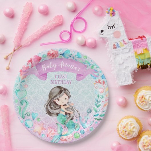 パープルアンドティール(緑がかった色)マーメイドカスタム誕生日 ペーパープレート (パーティー)