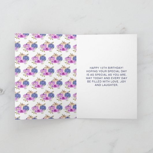 パープルアンドネイビーブルーフローラカボチャ誕生日 カード (内部)