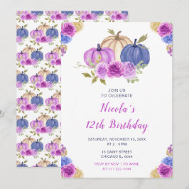 パープルアンドネイビーブルーフローラカボチャ誕生日 招待状