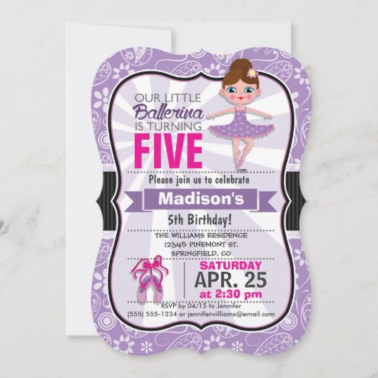 パープルアンドピンクバレリーナバースデーパーティー招待状 招待状 (正面)