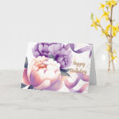 パープルアンドピーチウォーターカラー牡丹誕生日 カード (黄色い花)