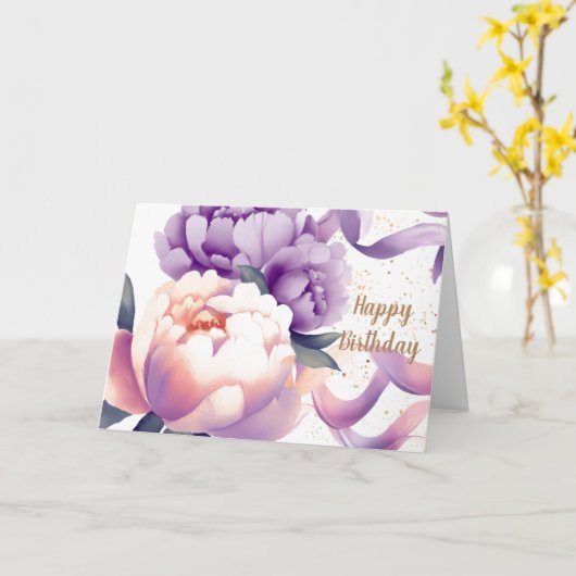 パープルアンドピーチウォーターカラー牡丹誕生日 カード (黄色い花)