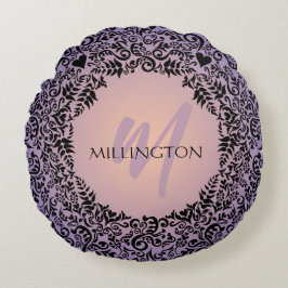 パープルアンドピーチダマスクモノグラム ラウンドクッション