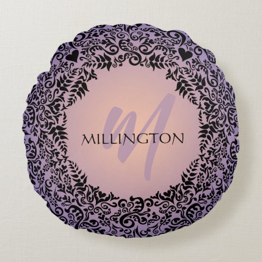 パープルアンドピーチダマスクモノグラム ラウンドクッション (正面)