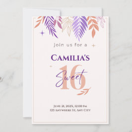 パープルアンドピーチボタニカルスウィート16招待状 招待状