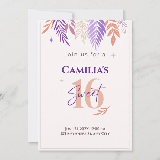 パープルアンドピーチボタニカルスウィート16招待状 招待状 (正面)