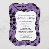 パープルアンドブラックハローウィンパーティ招待状 招待状 (正面/裏面)