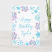 パープルアンドブルースノーフレークハッピーバースデー カード (正面)