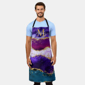 パープルアンドブルーピーコックフェイクグリッターアゲート エプロン (着用した状態)