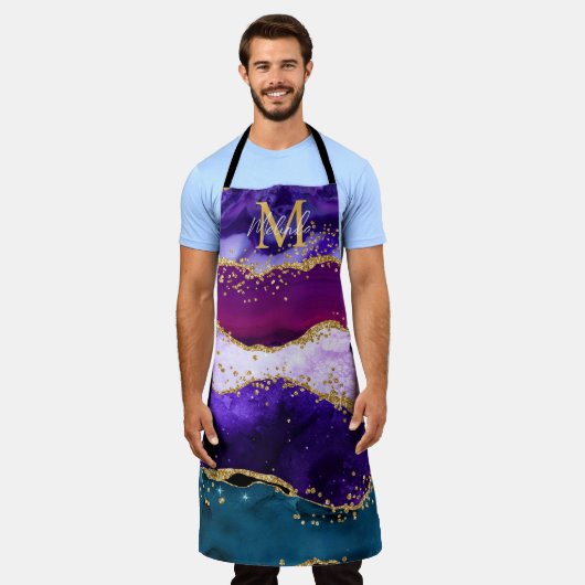 パープルアンドブルーピーコックフェイクグリッターアゲート エプロン (着用した状態)