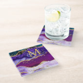 パープルアンドブルーピーコックフェイクグリッターアゲート ガラスコースター (アングル)