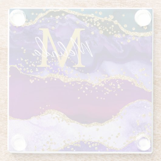 パープルアンドブルーピーコックフェイクグリッターアゲート ガラスコースター (裏面)