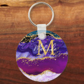パープルアンドブルーピーコックフェイクグリッターアゲート キーホルダー (正面)