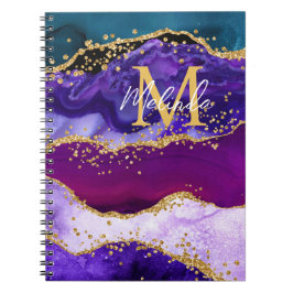パープルアンドブルーピーコックフェイクグリッターアゲート ノートブック