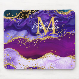 パープルアンドブルーピーコックフェイクグリッターアゲート マウスパッド