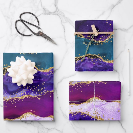パープルアンドブルーピーコックフェイクグリッターアゲート ラッピングペーパーシート (正面)