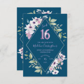 パープルアンドブルーフラワーダイヤモンドスウィート16誕生日 招待状 (正面/裏面)