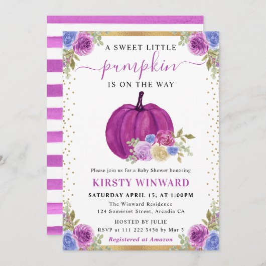 パープルアンドブルーフローラカボチャ秋の結婚式 招待状 (正面/裏面)