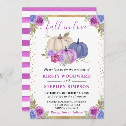 パープルアンドブルーフローラカボチャ秋の結婚式 招待状 (正面/裏面)