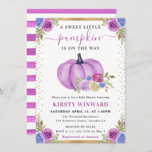 パープルアンドブルーフローラカボチャ秋の結婚式 招待状 (正面/裏面)