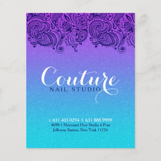 パープルアンドブルーペイズリーレース爪、 ネイルスタジオ チラシ (裏面)