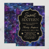 パープルアンドブルーミッドナイトクリスタル銀河系スウィート16 招待状 (正面/裏面)