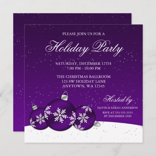 パープルアンドホワイトクリスマスオーナメントズホリデーパーティ 招待状 (正面/裏面)