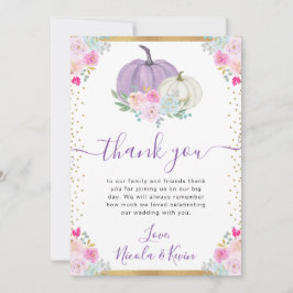 パープルアンドホワイトフローラカボチャ秋の結婚式 サンキューカード