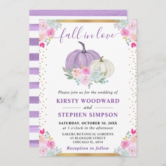 パープルアンドホワイトフローラカボチャ秋の結婚式 招待状 (正面/裏面)