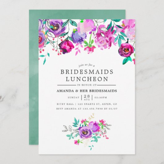 パープルアンドミントフローラブリデスメイドランチョン招待状 招待状 (正面/裏面)