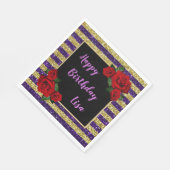 パープルアンド金ゴールドストライプグリッターレッドローゼス誕生日 スタンダードランチョンナプキン (角)