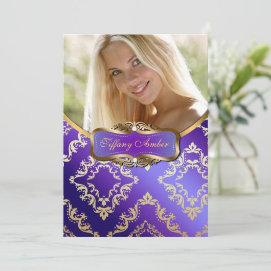 パープルアンド金ゴールドダマスクフォト招待状 招待状 (スタンド正面)
