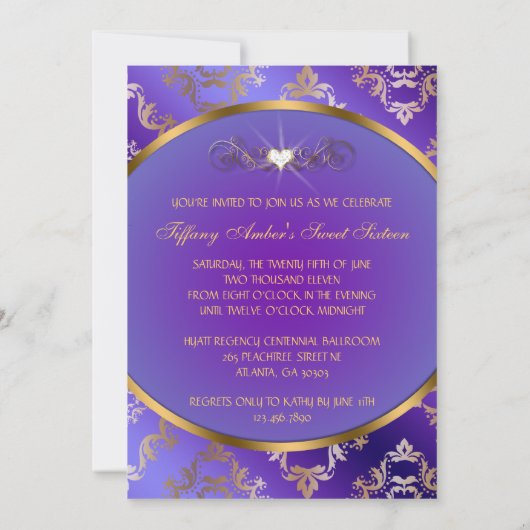 パープルアンド金ゴールドダマスクフォト招待状 招待状 (裏面)