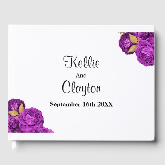 パープルアンド金ゴールド結婚フローラズゲストブック ゲストブック (正面)