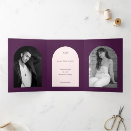 パープルアーチの写真を使ったウエディングの結婚式のSave the Date 三つ折り案内状