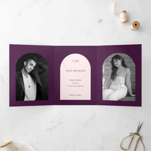 パープルアーチの写真を使ったウエディングの結婚式のSave the Date 三つ折り案内状 (内部)